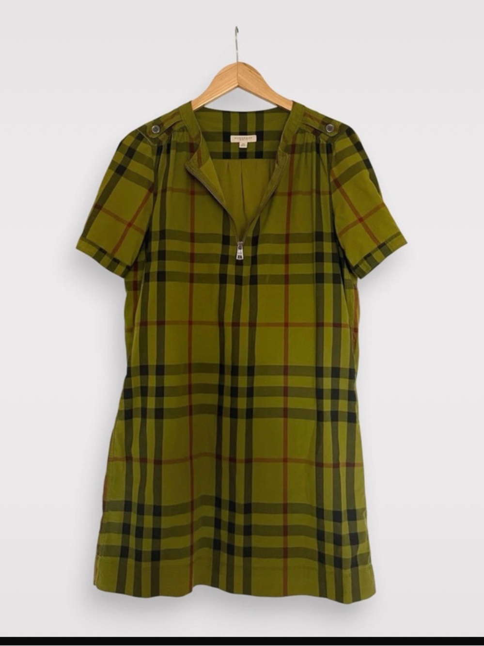 Burberry Olive Green & Black Plaid Cotton Dress